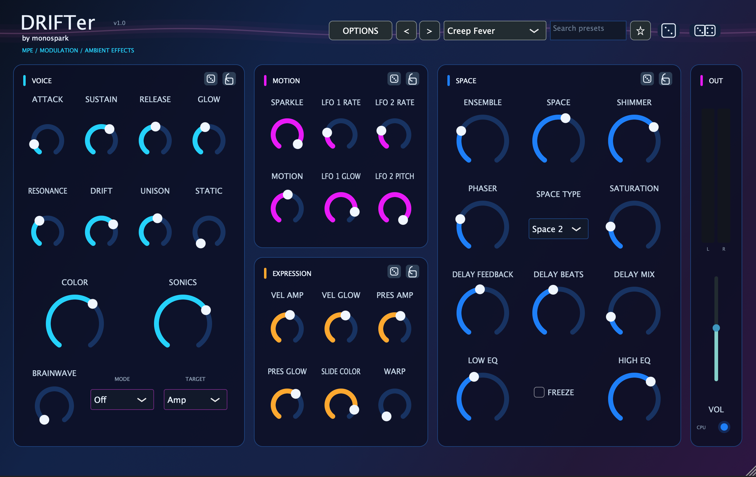 Drifter virtual synthesizer interface with voice, motion, expression and spatial controls